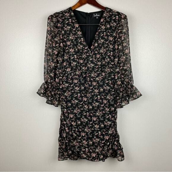 Lulu's Estella Chiffon Black Floral Print Ruched Ruffled Hem Mini Dress Size S - Picture 3 of 10